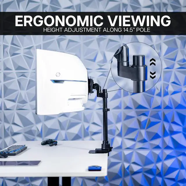 Alt view image 6 of 7 - Clamp-on Single Ultra Wide Monitor Desk Mount, Low Profile Heavy Duty Adjustable Stand for 1 Ultrawide Screen up to 57 inches, 59.4 lbs Capacity, Black, STAND-V157C