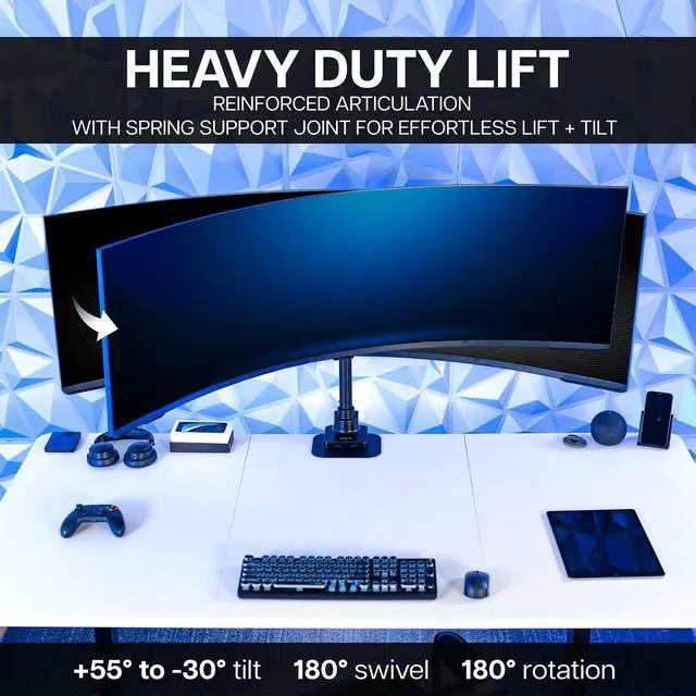 Alt view image 5 of 7 - Clamp-on Single Ultra Wide Monitor Desk Mount, Low Profile Heavy Duty Adjustable Stand for 1 Ultrawide Screen up to 57 inches, 59.4 lbs Capacity, Black, STAND-V157C