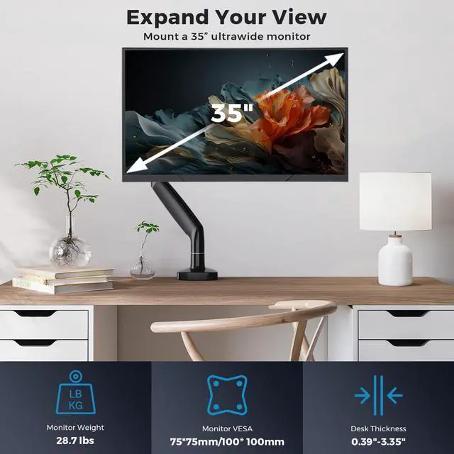 Alt view image 2 of 7 - Curved Monitor Mount Single Arm Holds to 28.6 lbs, Ultrawide Monitor Stand for 35" Screens, C-Clamp & Grommet Base, +90° to-45° Tilt,180°Swivel,360° Rotation,VESA 75x75 or 100x100mm,for Curved/Flat