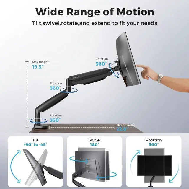 Alt view image 4 of 7 - Curved Monitor Mount Single Arm Holds to 28.6 lbs, Ultrawide Monitor Stand for 35" Screens, C-Clamp & Grommet Base, +90° to-45° Tilt,180°Swivel,360° Rotation,VESA 75x75 or 100x100mm,for Curved/Flat