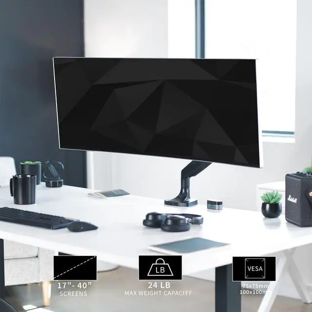 Alt view image 2 of 7 - Premium Aluminum Heavy Duty Single Monitor Arm for Ultrawide Monitor up to 40 inches and 24 lbs, Desk Mount Stand, Pneumatic Height, Max VESA 100x100, Black, STAND-V101Q