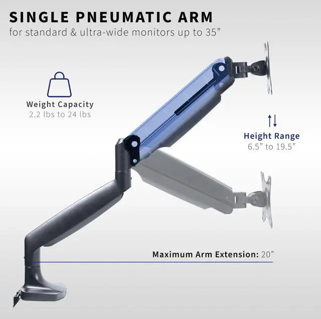Alt view image 3 of 7 - Premium Aluminum Heavy Duty Single Monitor Arm for Ultrawide Monitor up to 40 inches and 24 lbs, Desk Mount Stand, Pneumatic Height, Max VESA 100x100, Black, STAND-V101Q