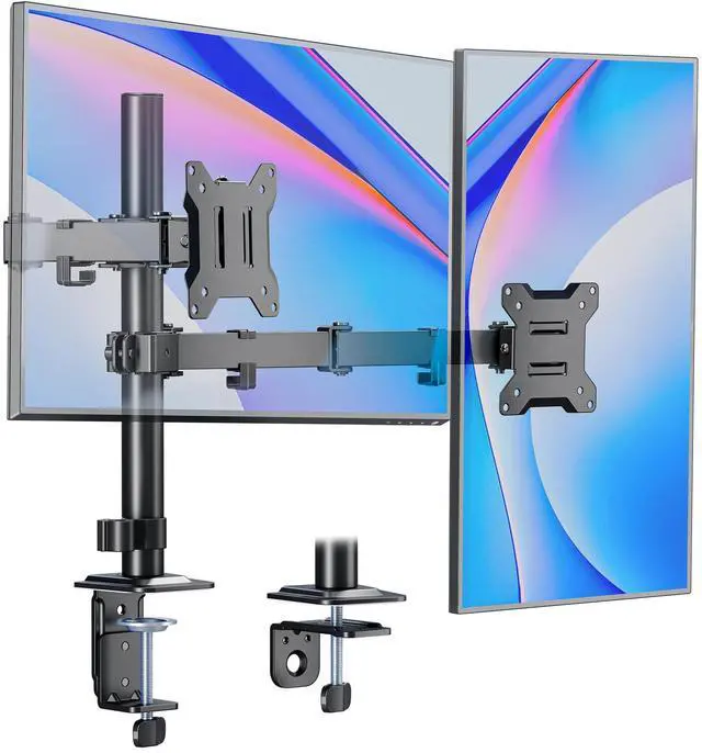 Main image of Dual Monitor Stand for 17"32 Computer, Adjustable Height Stable Monitor Mount Fit up to 32 inch Screen, Hold up to 22lbs Weight, C-Clamp and Grommet, VESA 75x75mm/100x100mm