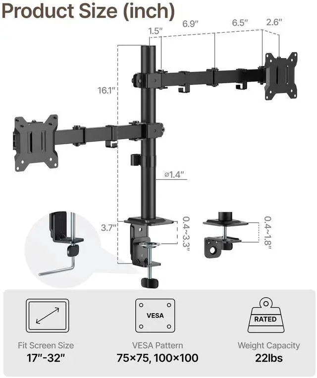 Alt view image 2 of 7 - Dual Monitor Stand for 17"32 Computer, Adjustable Height Stable Monitor Mount Fit up to 32 inch Screen, Hold up to 22lbs Weight, C-Clamp and Grommet, VESA 75x75mm/100x100mm