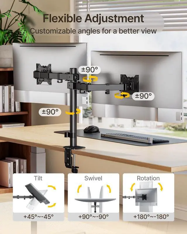 Alt view image 5 of 7 - Dual Monitor Stand for 17"32 Computer, Adjustable Height Stable Monitor Mount Fit up to 32 inch Screen, Hold up to 22lbs Weight, C-Clamp and Grommet, VESA 75x75mm/100x100mm