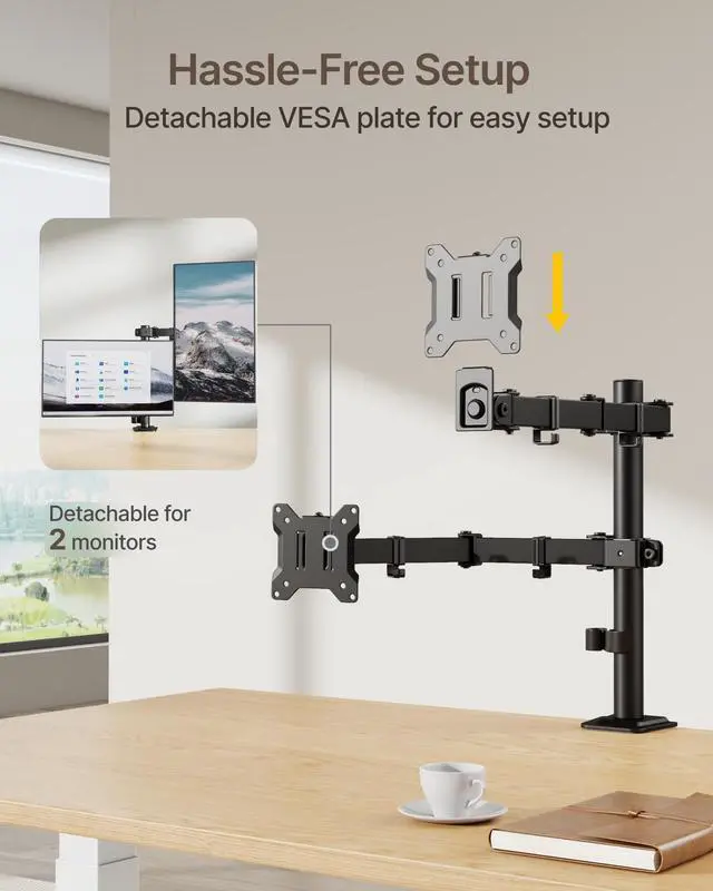 Alt view image 6 of 7 - Dual Monitor Stand for 17"32 Computer, Adjustable Height Stable Monitor Mount Fit up to 32 inch Screen, Hold up to 22lbs Weight, C-Clamp and Grommet, VESA 75x75mm/100x100mm