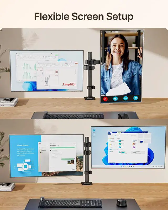 Alt view image 3 of 7 - Dual Monitor Stand for 17"32 Computer, Adjustable Height Stable Monitor Mount Fit up to 32 inch Screen, Hold up to 22lbs Weight, C-Clamp and Grommet, VESA 75x75mm/100x100mm