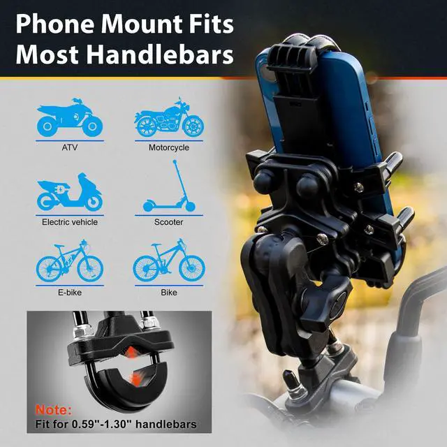 Alt view image 2 of 7 - Motorcycle Phone Mount Holder: Anti-Shake Phone Mount with Vibration Dampener for 4.7-7.2" Smartphone, Heavy Duty Adjustable Cellphone Clip Fits 0.6-1.3" Handlebar for Bike Bicycle Scooter ATV