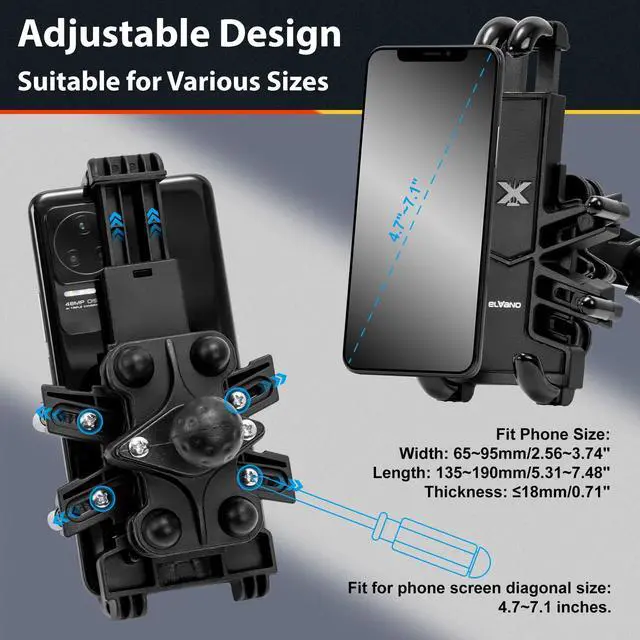 Alt view image 6 of 7 - Motorcycle Phone Mount Holder: Anti-Shake Phone Mount with Vibration Dampener for 4.7-7.2" Smartphone, Heavy Duty Adjustable Cellphone Clip Fits 0.6-1.3" Handlebar for Bike Bicycle Scooter ATV