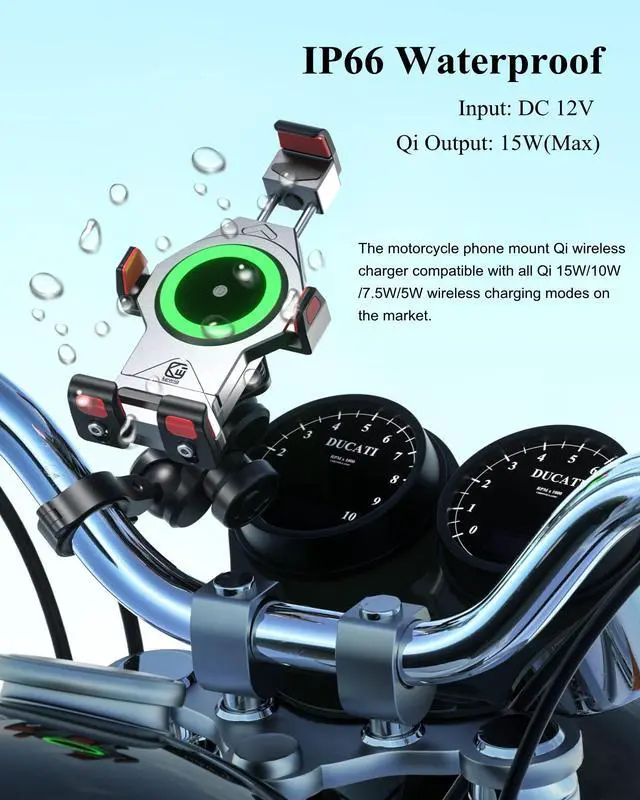 Alt view image 7 of 7 - Motorcycle Phone Mount with Qi 15W Wireless Charger & Vibration Dampener, Aluminum Alloy Anti-Theft Waterproof Motorcycle Handlebar Cellphone Holder, Adjustable Fit 4.7''-7.2'' Smartphones