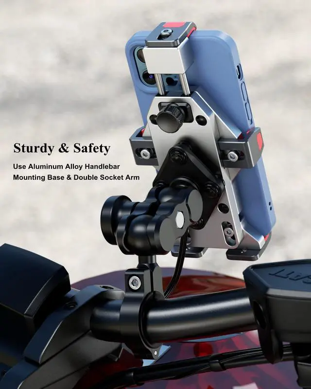 Alt view image 3 of 7 - Motorcycle Phone Mount with Qi 15W Wireless Charger & Vibration Dampener, Aluminum Alloy Anti-Theft Waterproof Motorcycle Handlebar Cellphone Holder, Adjustable Fit 4.7''-7.2'' Smartphones