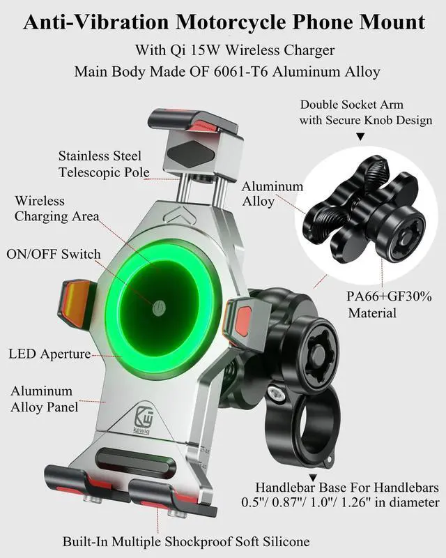 Alt view image 2 of 7 - Motorcycle Phone Mount with Qi 15W Wireless Charger & Vibration Dampener, Aluminum Alloy Anti-Theft Waterproof Motorcycle Handlebar Cellphone Holder, Adjustable Fit 4.7''-7.2'' Smartphones