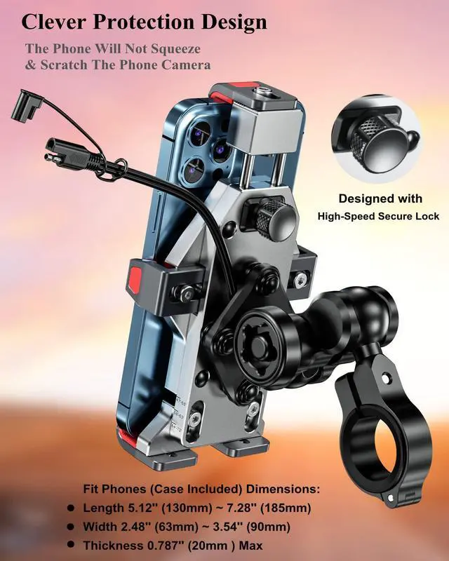 Alt view image 5 of 7 - Motorcycle Phone Mount with Qi 15W Wireless Charger & Vibration Dampener, Aluminum Alloy Anti-Theft Waterproof Motorcycle Handlebar Cellphone Holder, Adjustable Fit 4.7''-7.2'' Smartphones