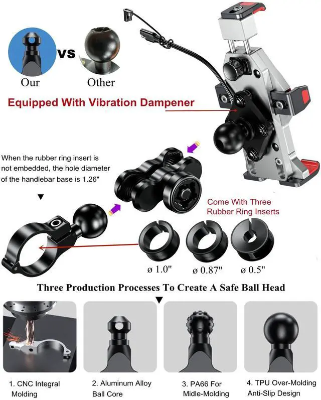Alt view image 4 of 7 - Motorcycle Phone Mount with Qi 15W Wireless Charger & Vibration Dampener, Aluminum Alloy Anti-Theft Waterproof Motorcycle Handlebar Cellphone Holder, Adjustable Fit 4.7''-7.2'' Smartphones