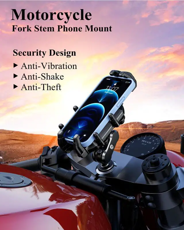 Alt view image 2 of 7 - Anti-Theft Motorcycle Fork Stem Phone Mount Holder with Vibration Dampener & High-Speed Secure Lock, Heavy Duty, Adjustable Size, Big Phone Friendly, Fit for 5.4-7.2'' Cellphone
