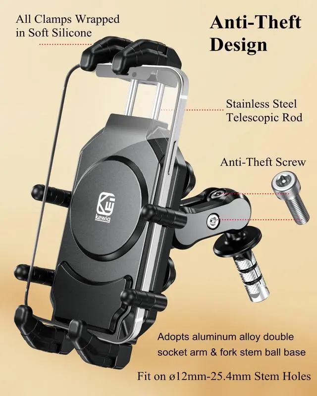Alt view image 3 of 7 - Anti-Theft Motorcycle Fork Stem Phone Mount Holder with Vibration Dampener & High-Speed Secure Lock, Heavy Duty, Adjustable Size, Big Phone Friendly, Fit for 5.4-7.2'' Cellphone