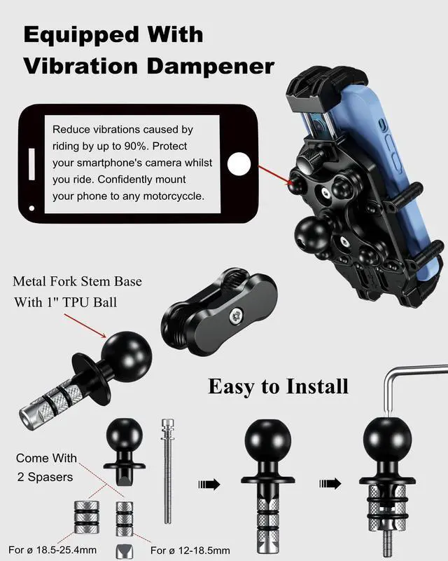 Alt view image 5 of 7 - Anti-Theft Motorcycle Fork Stem Phone Mount Holder with Vibration Dampener & High-Speed Secure Lock, Heavy Duty, Adjustable Size, Big Phone Friendly, Fit for 5.4-7.2'' Cellphone