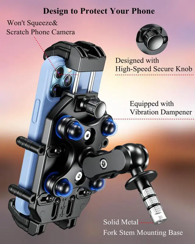 Alt view image 6 of 7 - Anti-Theft Motorcycle Fork Stem Phone Mount Holder with Vibration Dampener & High-Speed Secure Lock, Heavy Duty, Adjustable Size, Big Phone Friendly, Fit for 5.4-7.2'' Cellphone