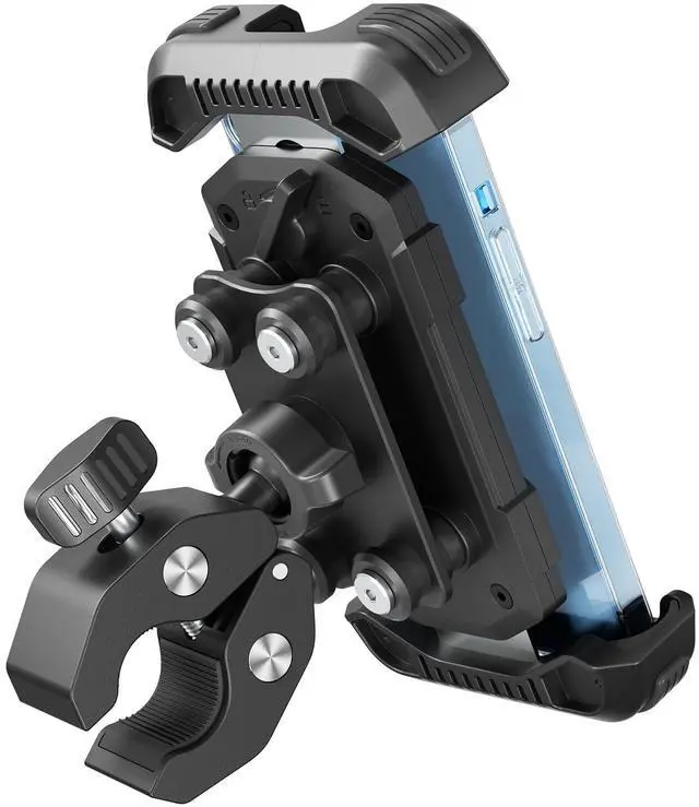 Main image of Motorcycle Phone Holder Mount -Dual Vibration Dampener, Tool-Free Bike Phone Holder Handlebar Clip & Secure Lock for iPhone 16/15 Pro Max, 4.7-6.7" Phones - Black