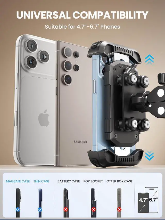 Alt view image 3 of 7 - Motorcycle Phone Holder Mount -Dual Vibration Dampener, Tool-Free Bike Phone Holder Handlebar Clip & Secure Lock for iPhone 16/15 Pro Max, 4.7-6.7" Phones - Black