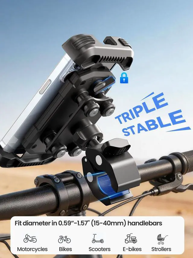 Alt view image 5 of 7 - Motorcycle Phone Holder Mount -Dual Vibration Dampener, Tool-Free Bike Phone Holder Handlebar Clip & Secure Lock for iPhone 16/15 Pro Max, 4.7-6.7" Phones - Black