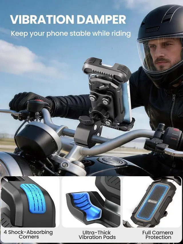 Alt view image 6 of 7 - Motorcycle Phone Holder Mount -Dual Vibration Dampener, Tool-Free Bike Phone Holder Handlebar Clip & Secure Lock for iPhone 16/15 Pro Max, 4.7-6.7" Phones - Black