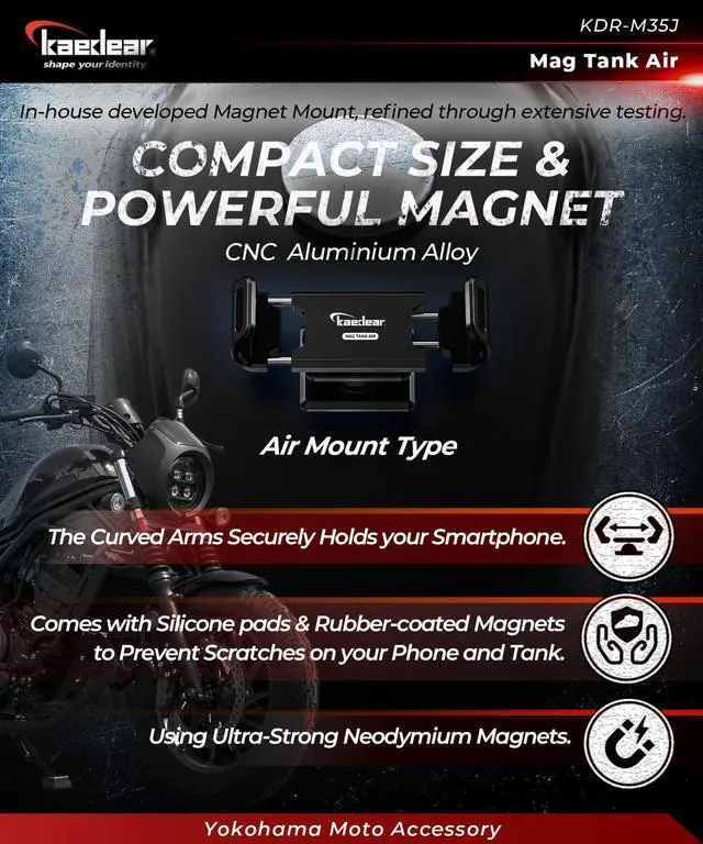 Alt view image 2 of 7 - Motorcycle Magnetic Phone Holder, Strong Neodymium Magnet, Aluminum, Stainless Steel Extension Arms, 360° Rotation, Scratch Protection, Mag Tank (Black/Vibration Absorption Mount)