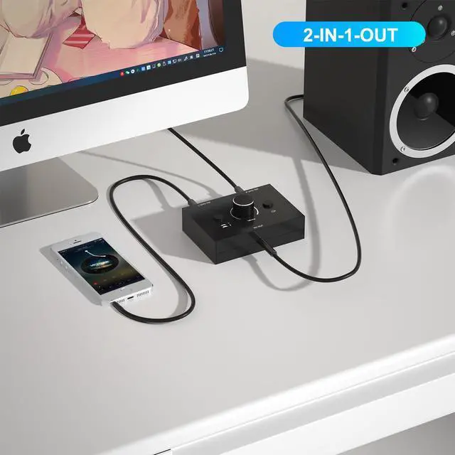 Alt view image 3 of 6 - 3.5mm Audio Switch, Stereo Audio Selector Box Passive Speaker Headphone Manual Selector with Volume Control (1 in-2 Out/ 2 in-1 Out)