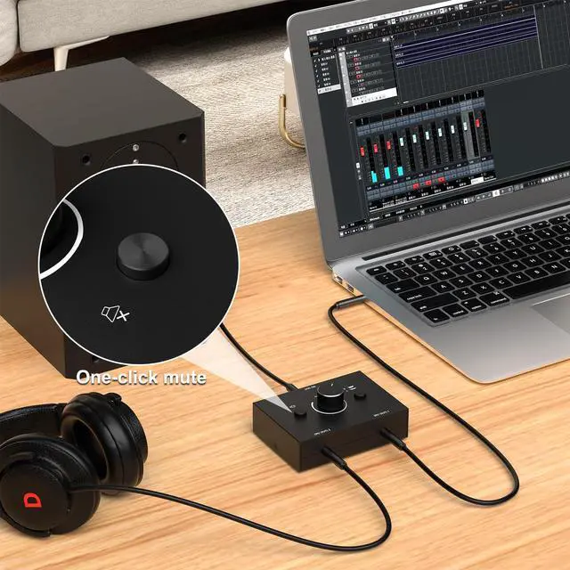 Alt view image 5 of 6 - 3.5mm Audio Switch, Stereo Audio Selector Box Passive Speaker Headphone Manual Selector with Volume Control (1 in-2 Out/ 2 in-1 Out)