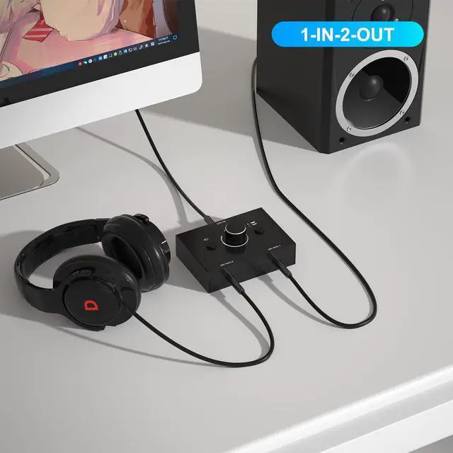 Alt view image 2 of 6 - 3.5mm Audio Switch, Stereo Audio Selector Box Passive Speaker Headphone Manual Selector with Volume Control (1 in-2 Out/ 2 in-1 Out)