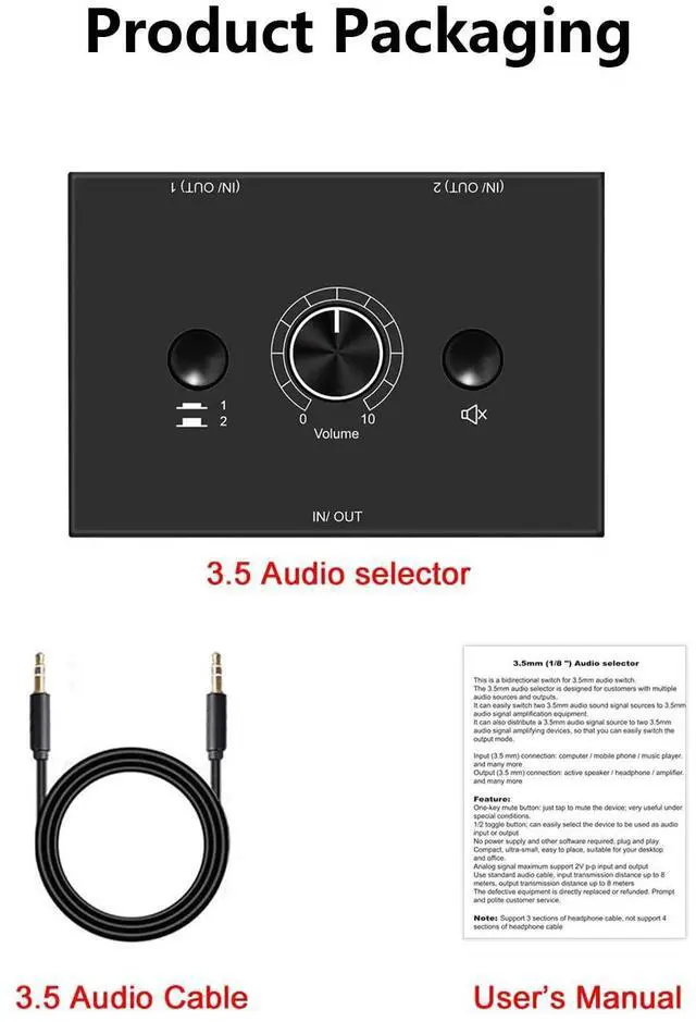Alt view image 6 of 6 - Audio Switcher 3.5mm Audio Selector Splitter Box Mini 2(1)-in-1(2)-Out Audio Sharing Manual Selector Compatible Active Speaker((3.5mm Stereo Audio Switcher)