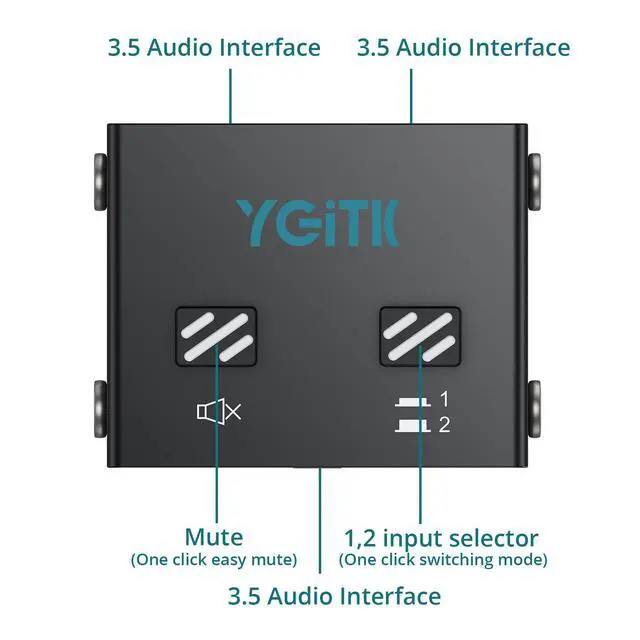 Alt view image 2 of 7 - 3.5mm Audio Switch Bi-Directional, 2-in-1 & 1-in-2 Stereo Audio Switcher with Mute Button, No External Power Required, Includes 3.5mm Audio Cable, fo Speakers, PC, Phone, Laptop, Headphone