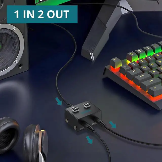 Alt view image 5 of 7 - 3.5mm Audio Switch Bi-Directional, 2-in-1 & 1-in-2 Stereo Audio Switcher with Mute Button, No External Power Required, Includes 3.5mm Audio Cable, fo Speakers, PC, Phone, Laptop, Headphone