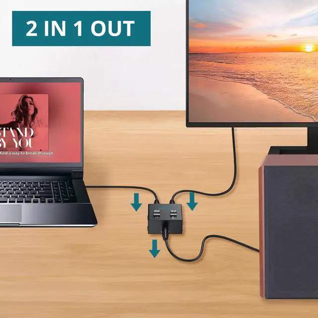 Alt view image 6 of 7 - 3.5mm Audio Switch Bi-Directional, 2-in-1 & 1-in-2 Stereo Audio Switcher with Mute Button, No External Power Required, Includes 3.5mm Audio Cable, fo Speakers, PC, Phone, Laptop, Headphone