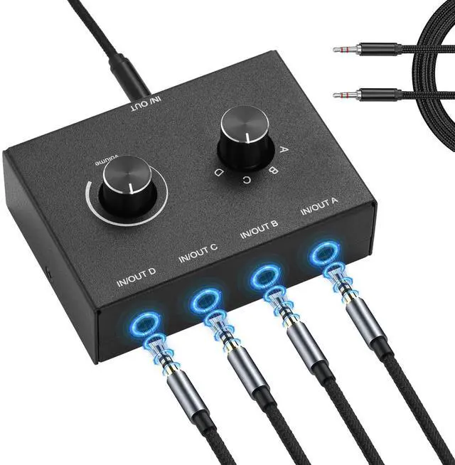 Main image of 4 Way 3.5mm Stereo Audio Switch, AUX 3.5mm Audio Switch Audio Switcher Passive Speaker Headphone Manual Selector Splitter Box Audio Sharing (4/1 in -1/4 Out)