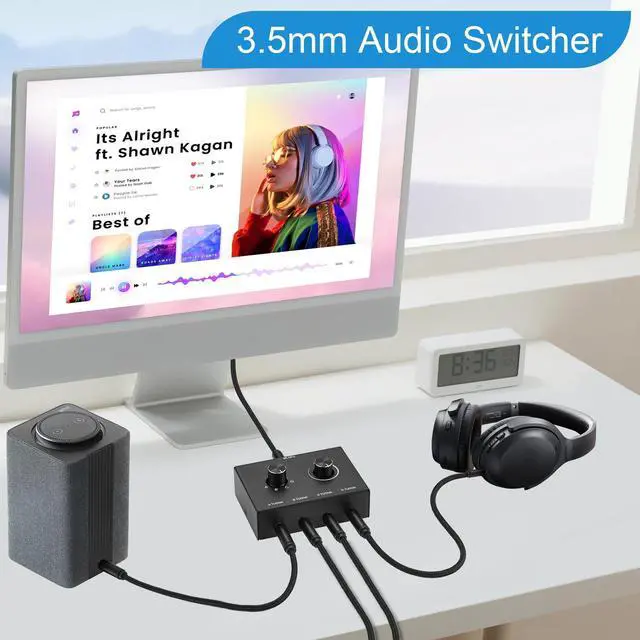 Alt view image 4 of 6 - 4 Way 3.5mm Stereo Audio Switch, AUX 3.5mm Audio Switch Audio Switcher Passive Speaker Headphone Manual Selector Splitter Box Audio Sharing (4/1 in -1/4 Out)