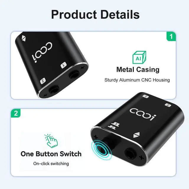 Alt view image 3 of 7 - 3.5mm Stereo Audio Switcher1 in 2 Out /2 in 1 Out with 3.5mm Audio Cable, 2 Ports AUX Audio Speaker Selector for PC Phone Laptop Headphone