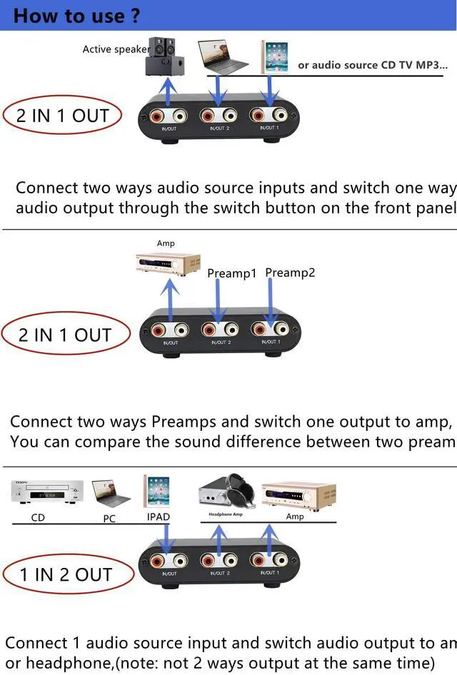 Alt view image 4 of 7 - 2-Way RCA Stereo Audio Switch Input Signal Source Switcher Selector Splitter Box2 in 1 Out / 1 in 2 Out-RC21