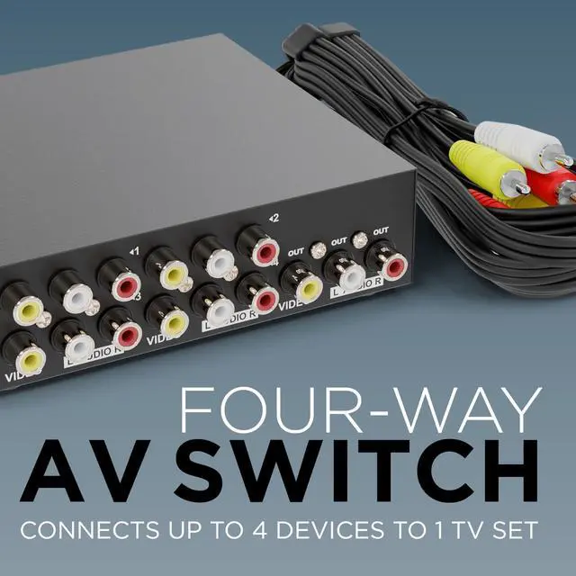 Alt view image 2 of 7 - 4-Way RCA Switcher Kit - 4-In/1-Out A/V Switch Box for Composite Video and Audio - A/B RCA Splitter and Selector Switch - Retro Game Console Switcher Box with Cable, Black