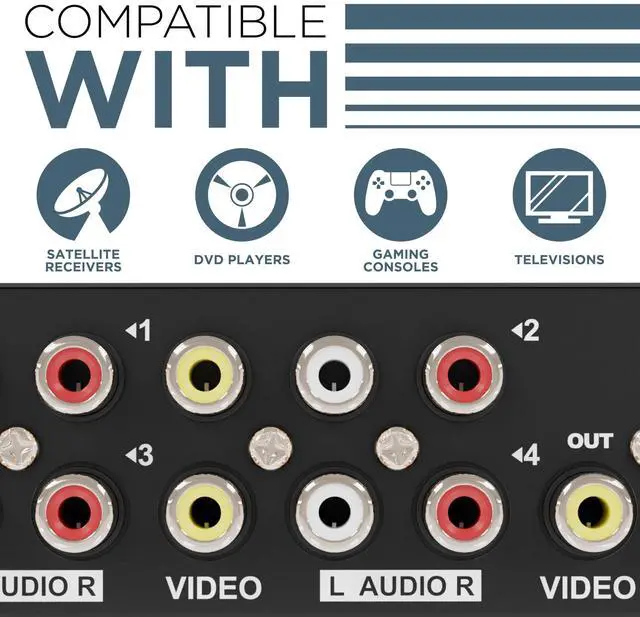 Alt view image 3 of 7 - 4-Way RCA Switcher Kit - 4-In/1-Out A/V Switch Box for Composite Video and Audio - A/B RCA Splitter and Selector Switch - Retro Game Console Switcher Box with Cable, Black