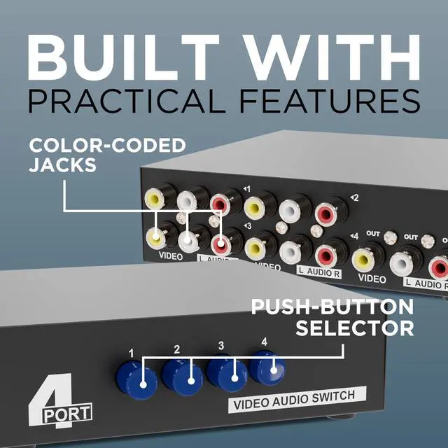 Alt view image 4 of 7 - 4-Way RCA Switcher Kit - 4-In/1-Out A/V Switch Box for Composite Video and Audio - A/B RCA Splitter and Selector Switch - Retro Game Console Switcher Box with Cable, Black