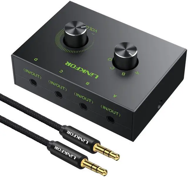 Main image of 4 Port 3.5mm Stereo Audio Switch, 4 Way Stereo Audio Selector, 4 Input 1 Output / 1 Input 4 Output Audio Splitter with Volume Control and 4 Channel Switch Knob