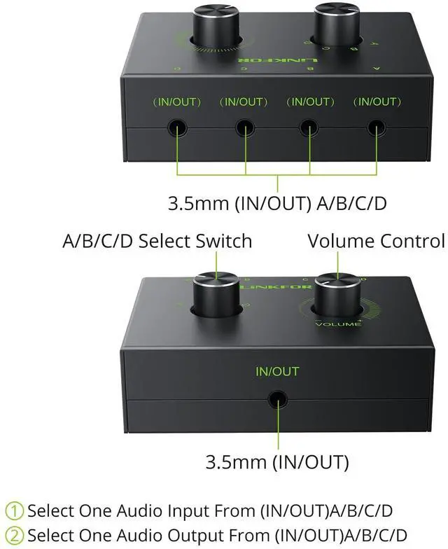 Alt view image 2 of 7 - 4 Port 3.5mm Stereo Audio Switch, 4 Way Stereo Audio Selector, 4 Input 1 Output / 1 Input 4 Output Audio Splitter with Volume Control and 4 Channel Switch Knob