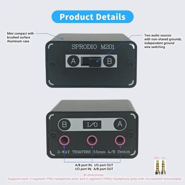 Alt view image 2 of 7 - 2 Way in-line 3.5mm Audio Switch Box A/B Selector Switcher Compatible with 1/8" Microphone TRRS TRS Independent Ground no noise-M201