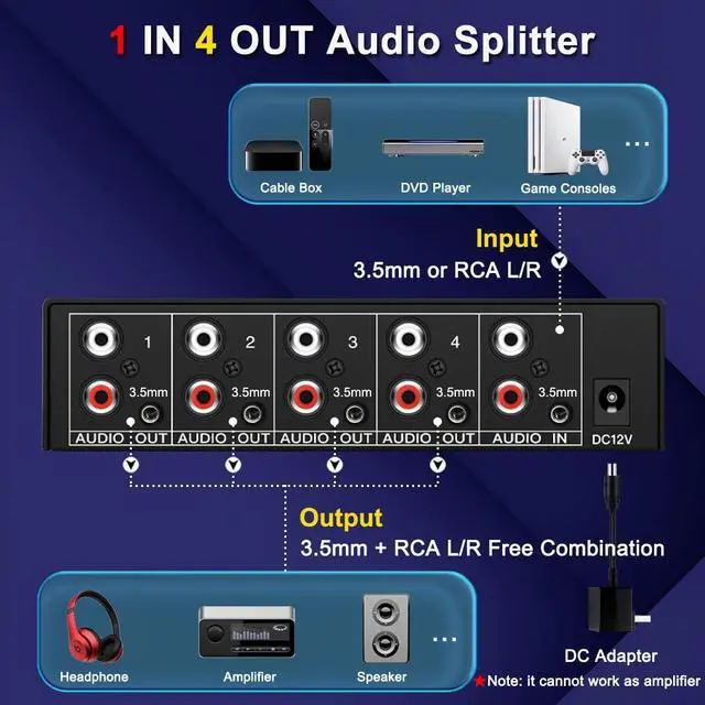 Alt view image 2 of 7 - 3.5mm Aux + RCA L/R Audio Splitter 1 in 4 Out Stereo Analog Audio Distributor Box