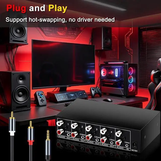 Alt view image 3 of 7 - 3.5mm Aux + RCA L/R Audio Splitter 1 in 4 Out Stereo Analog Audio Distributor Box