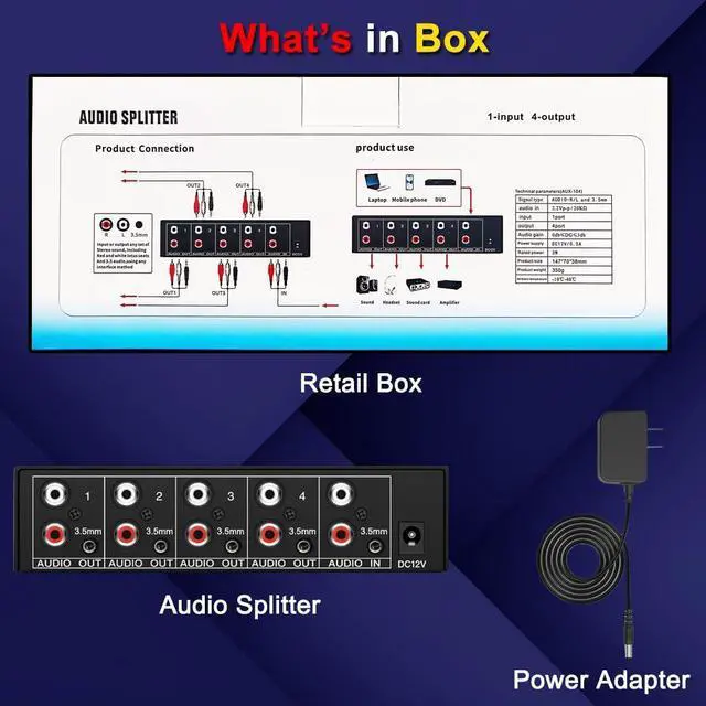 Alt view image 7 of 7 - 3.5mm Aux + RCA L/R Audio Splitter 1 in 4 Out Stereo Analog Audio Distributor Box