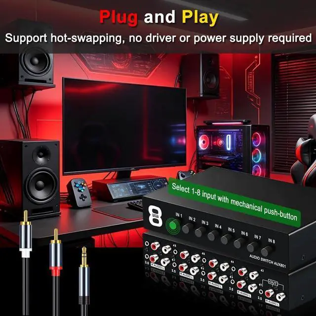 Alt view image 4 of 7 - 3.5mm Aux + RCA L/R Bi-Directional Stereo Audio Switch 8 in 1 Out A/B Analog Audio Switcher Selector