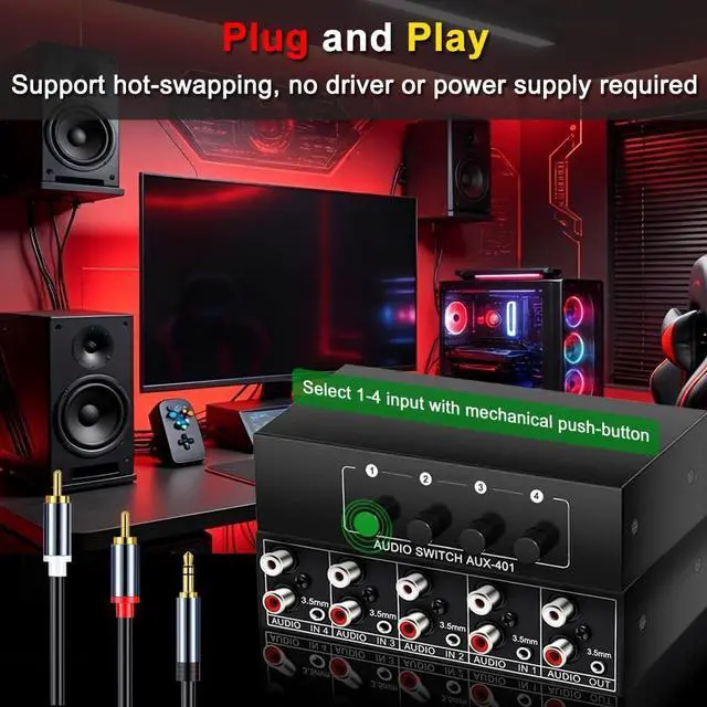 Alt view image 4 of 7 - 3.5mm Aux + RCA L/R Bi-Directional Stereo Audio Switch 4 in 1 Out A/B Analog Audio Switcher Selector