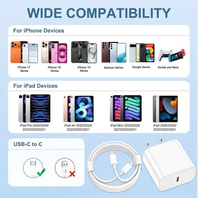 Alt view image 7 of 7 - iPhone 17 Charger, 2Pack 20W Type C Charger Fast Charging Block with USB C Charger Cable 6FT for iPhone17/ 17 air/ 17 Pro/ 17 Pro Max, iPhone 16 Pro Max/ 15 Pro Max Charger, iPad 12.9/11, iPad Air/Pro